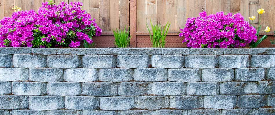 Block stone retaining wall with blooming flowers in Rancho Santa Fe, CA.