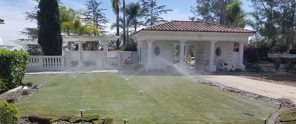 New sod installation being watered at a Carlsbad, CA estate.