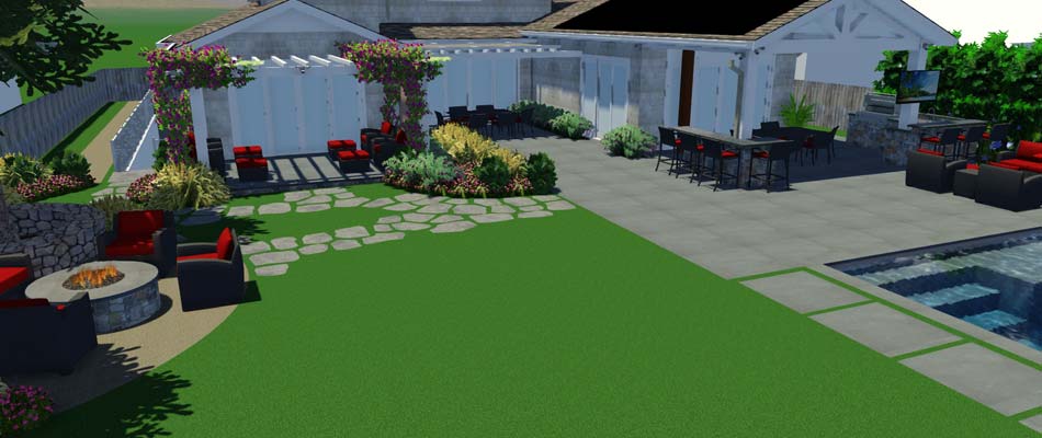 A recent 3D rendering that includes a new fire pit, landscaping, and pergolas.