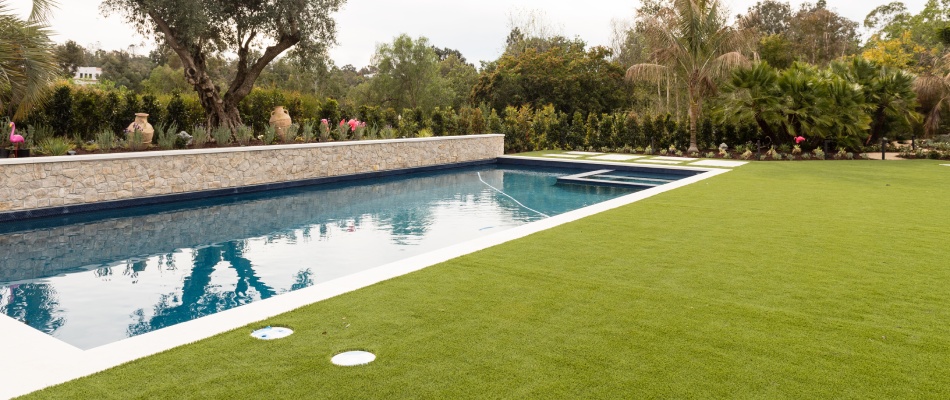 Custom built pool with landscaping placed beside it in Encinitas, CA.