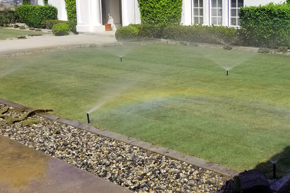 Custom lawn irrigation system watering grass in Encinitas, CA.