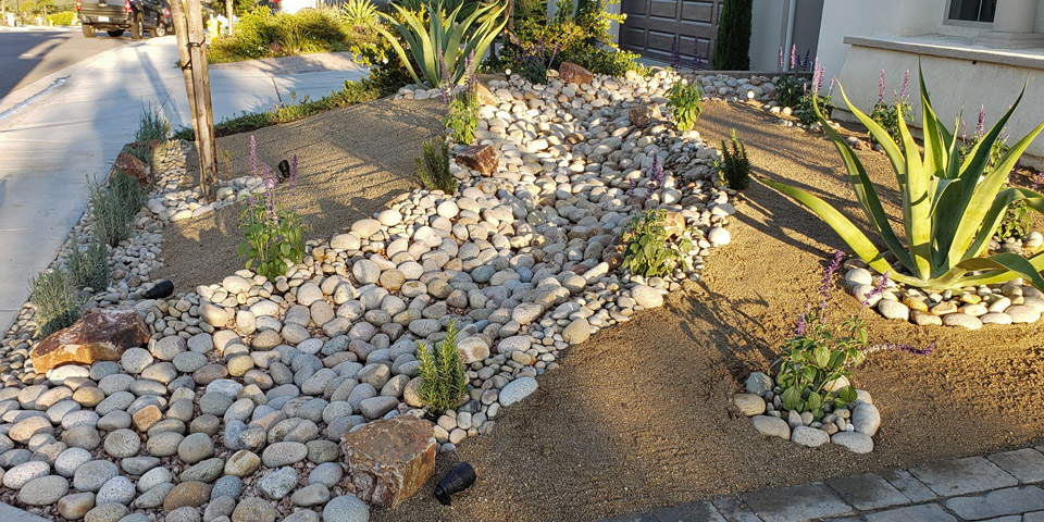 Xeriscaping features installed at a home in Rancho Santa Fe, CA.
